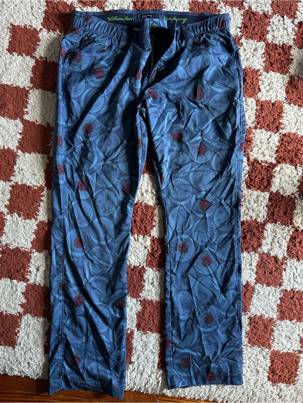 William Murray Golf Blue Men's Golf Pants with Rose Accents big Lebowski